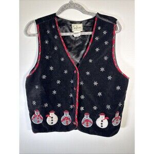 Women's Vintage Tantrums Black Velvet Snowman Christmas Winter Holiday Vest L